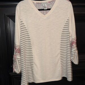 Multiples Cream V-Neck Top with Paisley Accents